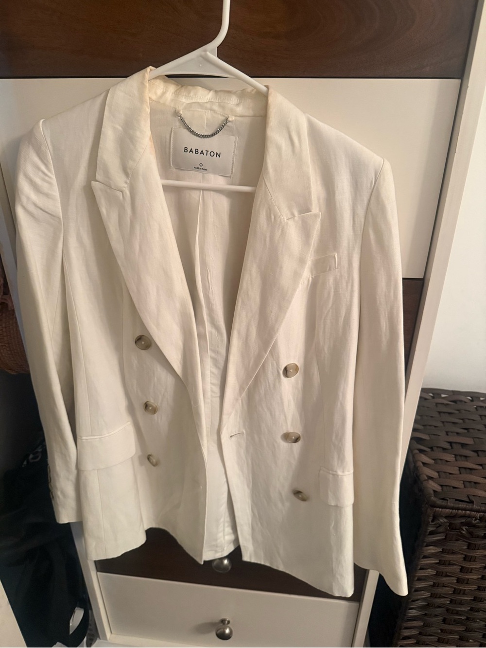Babaton White Double-Breasted Linen-Blend Blazer